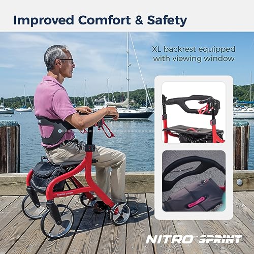 Image of Drive Medical Nitro Sprint Rollator Walker with Seat, Petite Height, Red | Lightweight Rollator with Large Wheels Offers Short, Foldable Design for Seniors and Adults Every Day