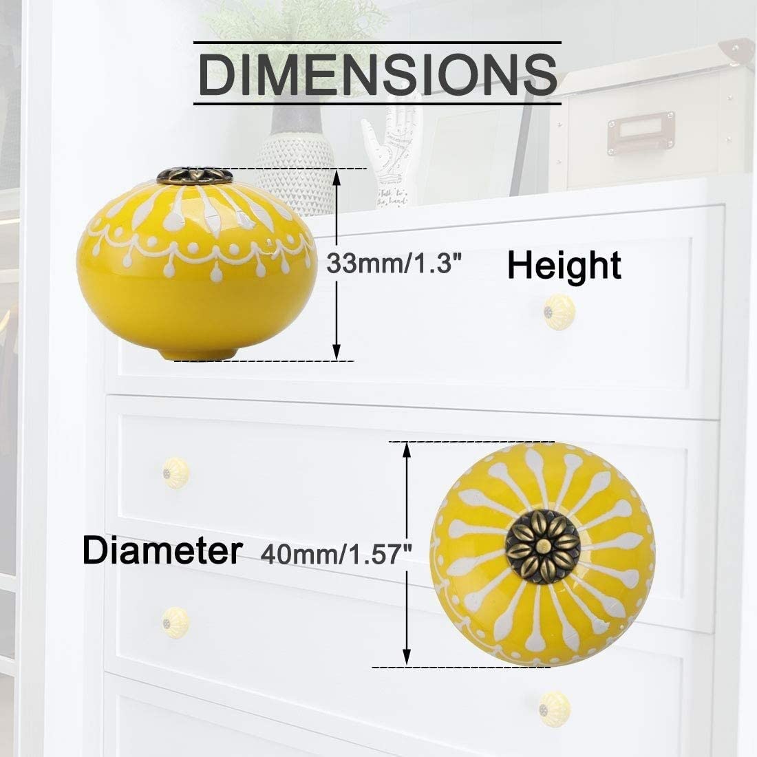 Coupchage Handles 6pcs, 40 Mm De Diamère Et Boutons en Céramique Bouton De Tiroir Rond Porter Armoire Armoire Armoire Commode Décorative Remplacement Jaune