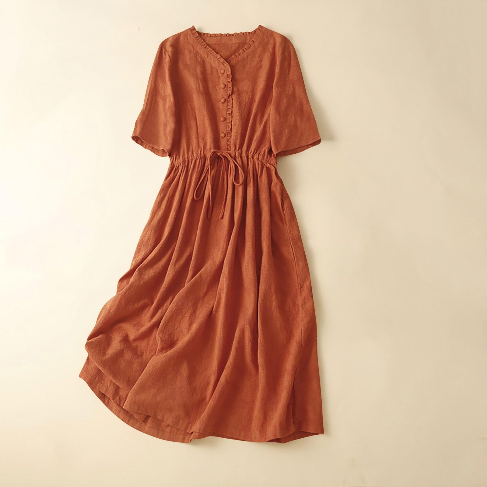 2026 Ample à col en V Manches Cinq Points pour Femme Unie Style littéraire Jupe décontractée Parfaite pour Les Sorties printanières et Estivales