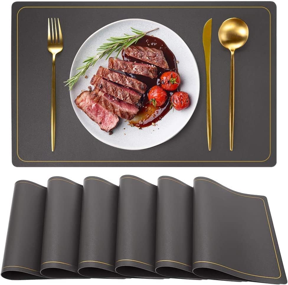 Crownish Leather Placemats, Waterproof Wipeable Washable Indoor Placemats for Dining Table Home Kitchen Dinner, Elegant Rectangle Placemats, Easy Clean Table Mats Size 45x30 cm (5, Gray)
