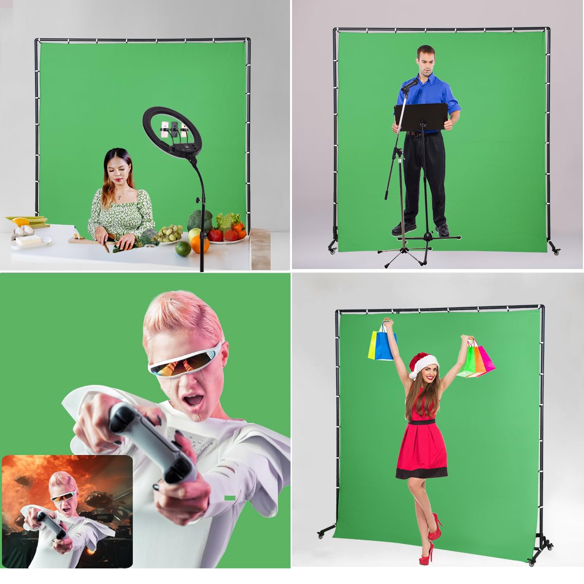 Toile de fond pour écran vert avec roues, Keying Photographie verte Toile de fond en polyester Photo de studio Cadre de support mobile portable pour la transmission en direct, les jeux