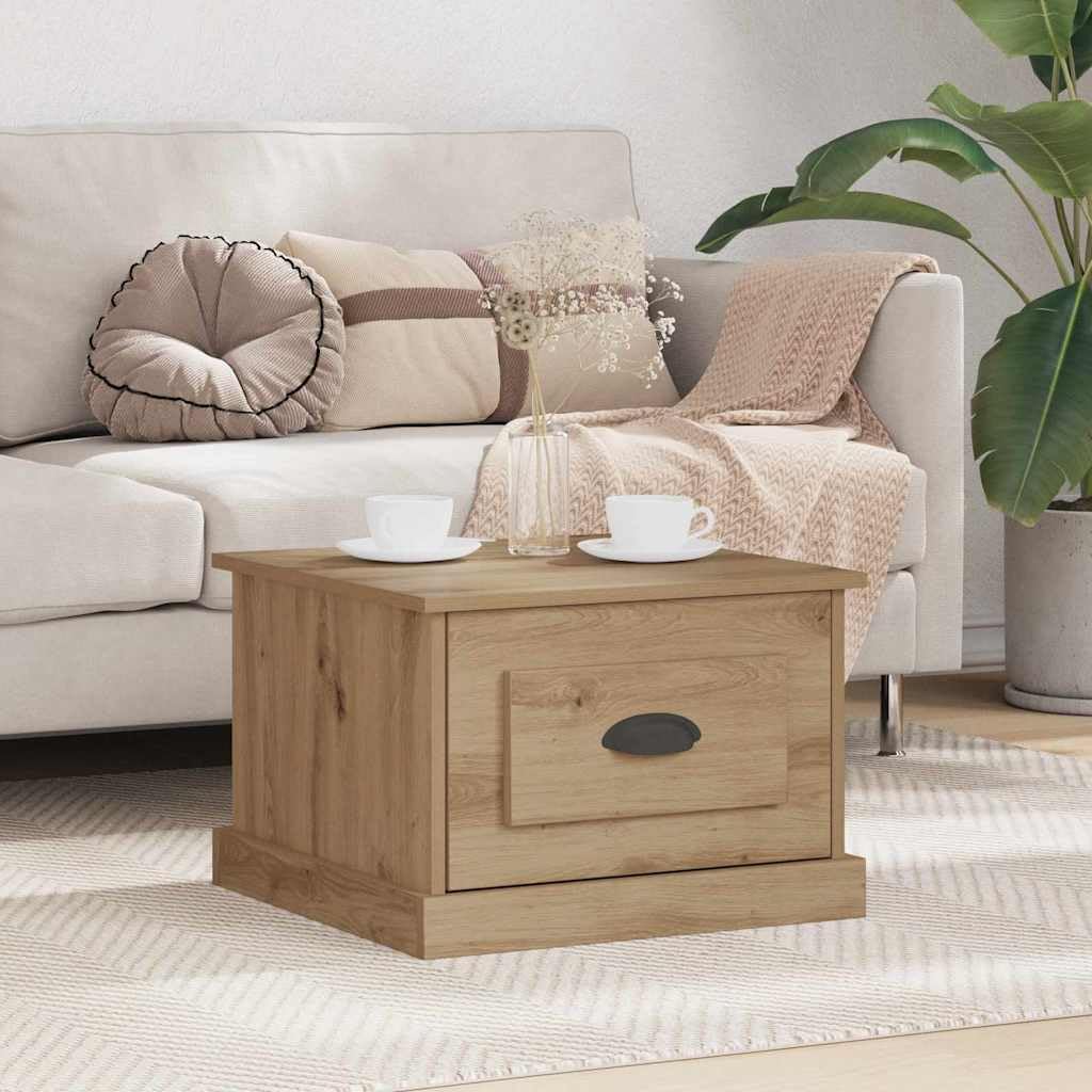 Table basse en chêne résolvant le manque de place avec son tiroir