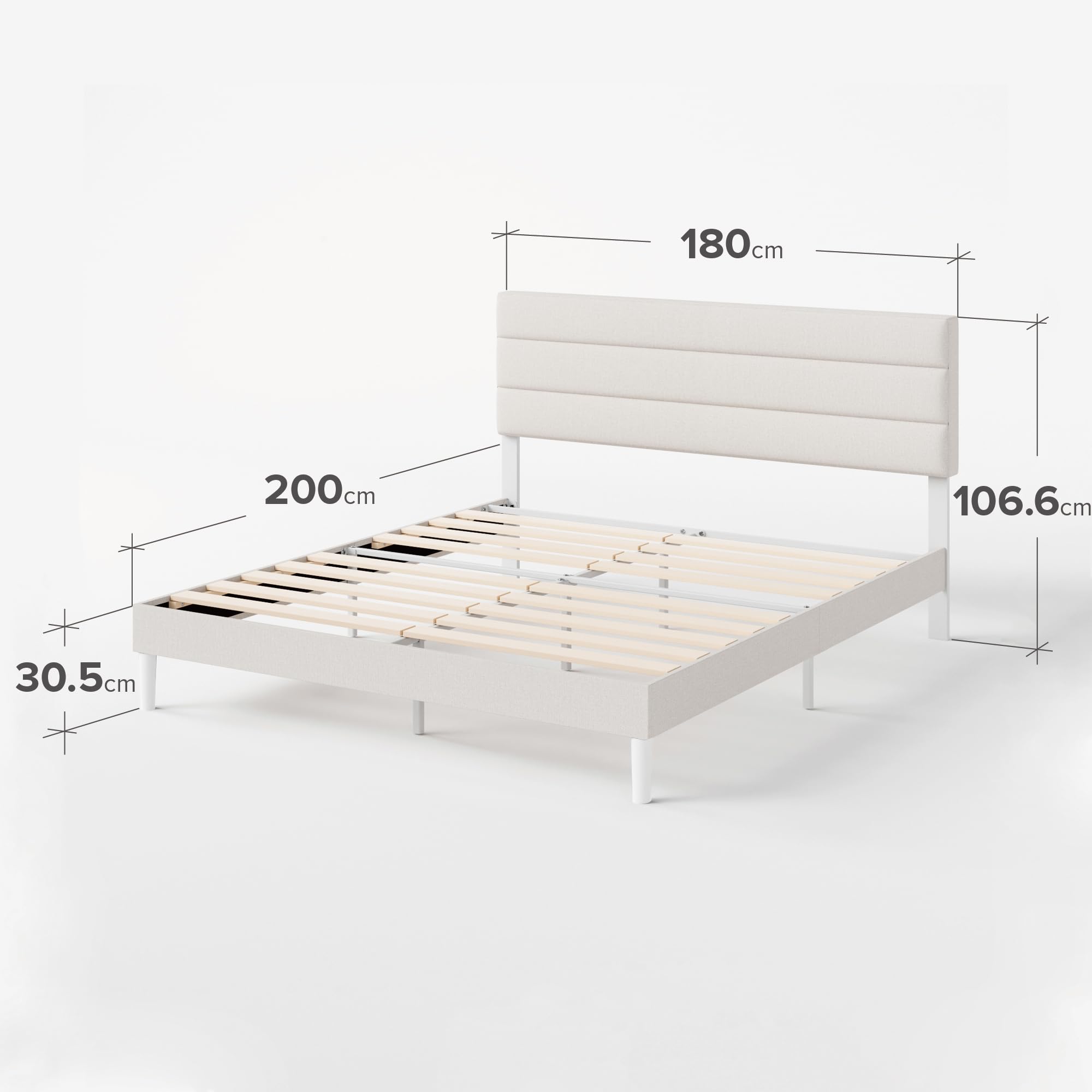Zinus Piper Polsterbett 180x200 cm mit Kopfteil - 30 cm Hohes Bett mit Lattenrost aus Holz - Kompakte Verpackung & Einfache Montage - Cremeweiß