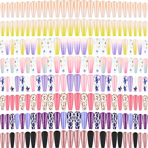192 Pieces 8 Boxes Long Ballerina Press on Nails Ballerina Coffin Glossy False Nails Glitter Full Cover Fake Nails Colorful Artificial Nail Tips for Salon Home DIY Nail Art (Leopard Butterfly Series)