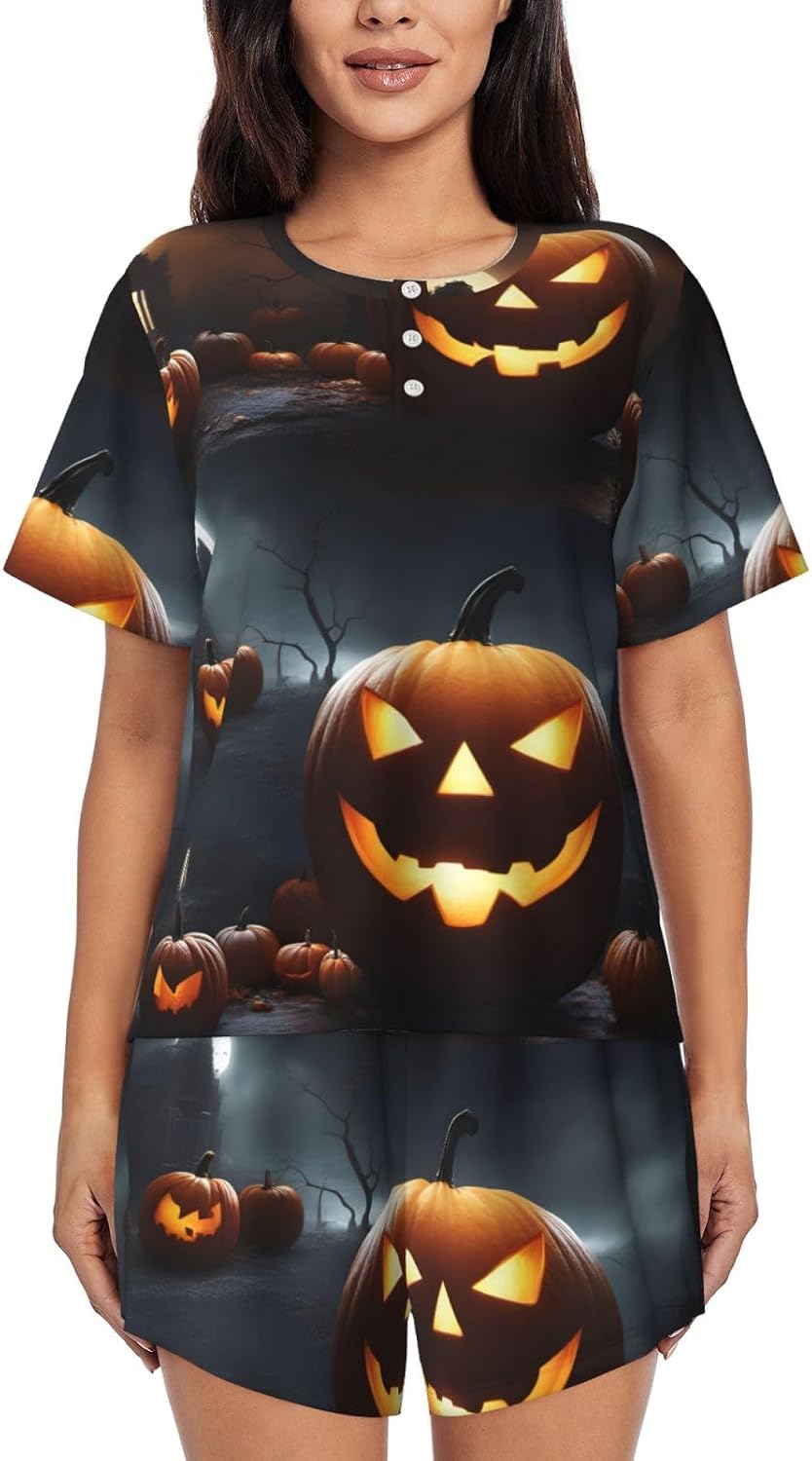 Halloween Pumpkin Print Women'S Short Sleeve Pajama Set,Stylish And Comfortable,For Lounging And Relaxing