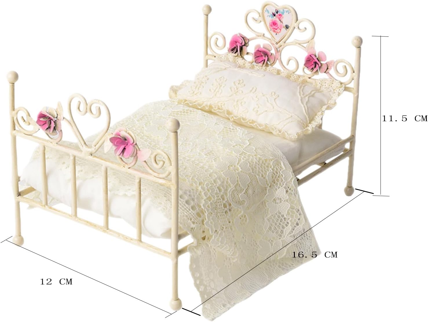 1:12 Dollhouse Furniture Bed, 1 Set Miniature White Hand Floral Engravings Iron Bed with Removable Bedding and Pillow, Miniature Furniture Gift for Dollhouse Lovers and Collectors - Image 3