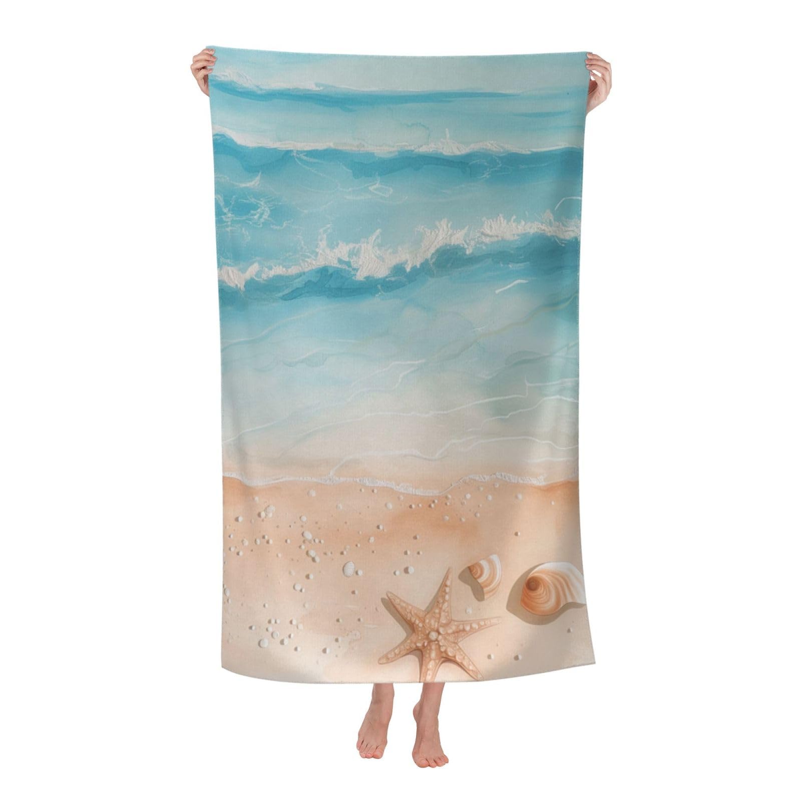 VANZEV Watercolor Seashell Starfish Ocean Beach Towel Microfiber Sand Free Leaves Towels Quick Dry Ultra Absorbent Super Soft Pool Travel Swim Bath