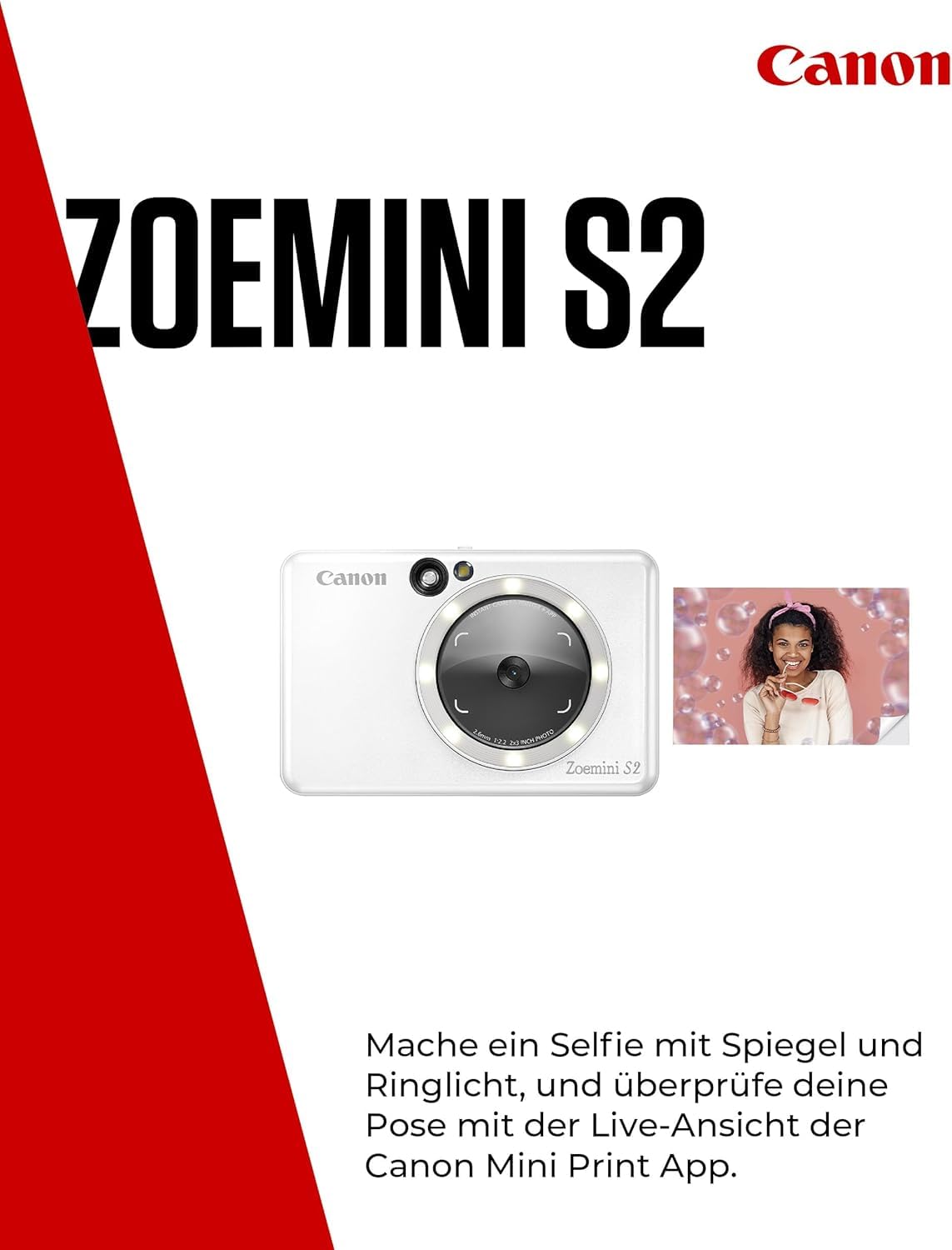 Canon Zoemini S2 Mini Sofortbildkamera + Fotodrucker mobil tragbar unterwegs Hosentasche (Fotodruck 5x7,6 cm, kabelllos, eingebauter Akku, Canon App, Bluetooth) perlweiß [+ 10er Zink Druck-Set]