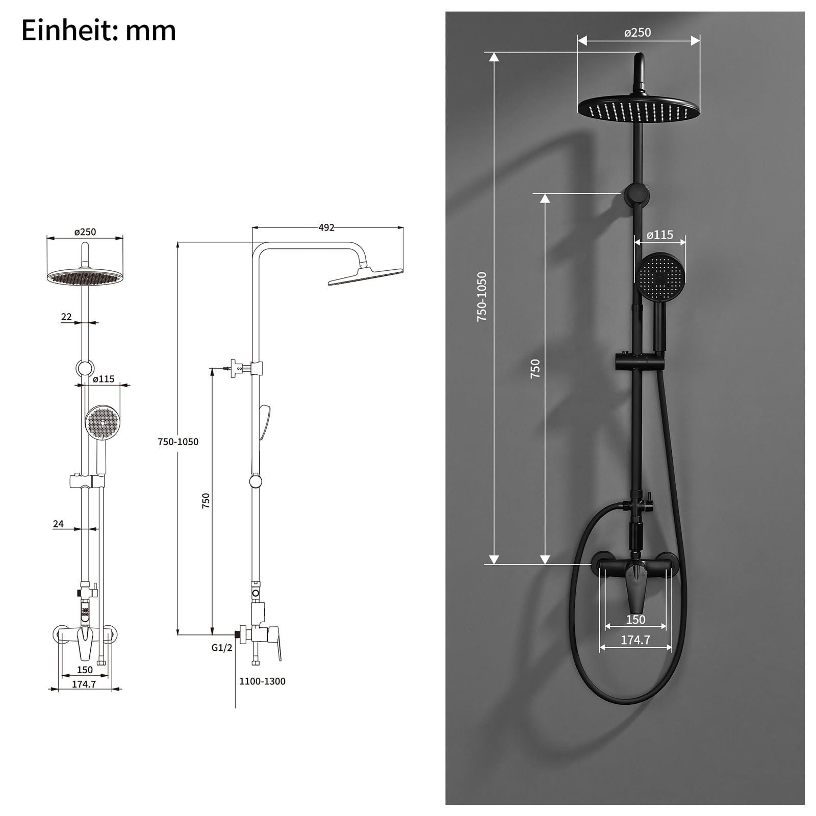 HOMELODY Duschsystem mit Armatur Schwarz - Regendusche mit Armatur LED Temperature Display, 25 cm Rund Regendusche, 3 Strahlarten Duschkopf,Duscharmatur Komplettset, Duschset