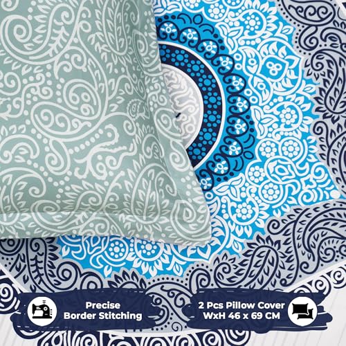 Image of Story@Home Rajasthani Heritage Jaipuri Sanganeri Handblock Print Double Bedsheet 250x225 cm & Pillow Covers | Cotton Feel 240 TC Soft Fabric | Blue White Ethnic Motif | Breathable & Wrinkle Resistant