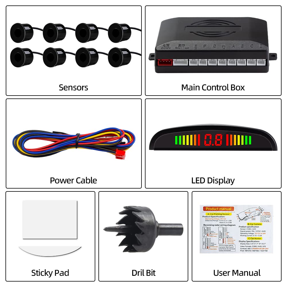 Sensores de Aparcamiento, 8 Sensores Delanteros y Traseros con Avisador Acústico de Distancia en Pantalla LED(8 Sensores, Negro)