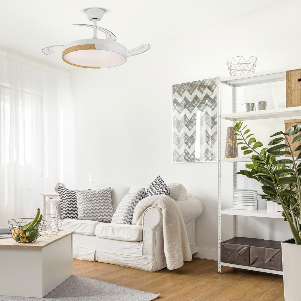 wonderlamp - Ventilador de techo con aspas retráctiles, Ventilador de techo con luz LED Arpino Blanco+Madera CCT 3000-4000-6000K, Intensidad Regulable 48W, Silencioso