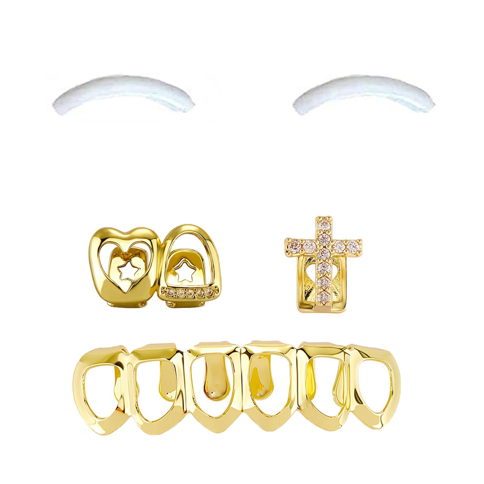 SSyang 18K Hip Hop Teeth,Grills for Mouth Braces Decoration,with 2 Silicone Moldings Hip Hop Teeth,Grills for Mouth Top Bottom Music Festival Party Rapper Decorations,Silver(Gold,Cross + Heart) — image 1