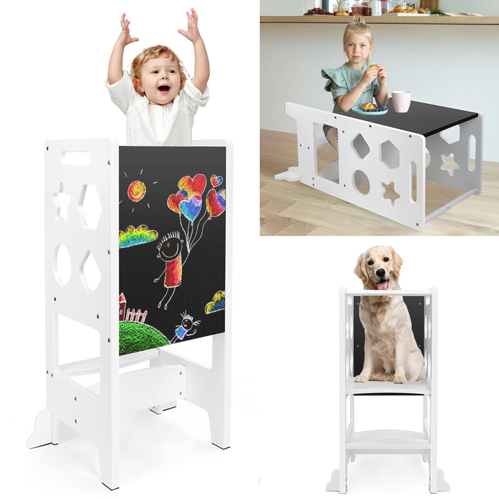 Dripex Torre de Aprendizaje de Madera, Taburete de Cocina para Niños, Torre Montessori bebés, Learning Tower con Pizarra Negra,Taburetes para bebé (Blanco - Estrella)