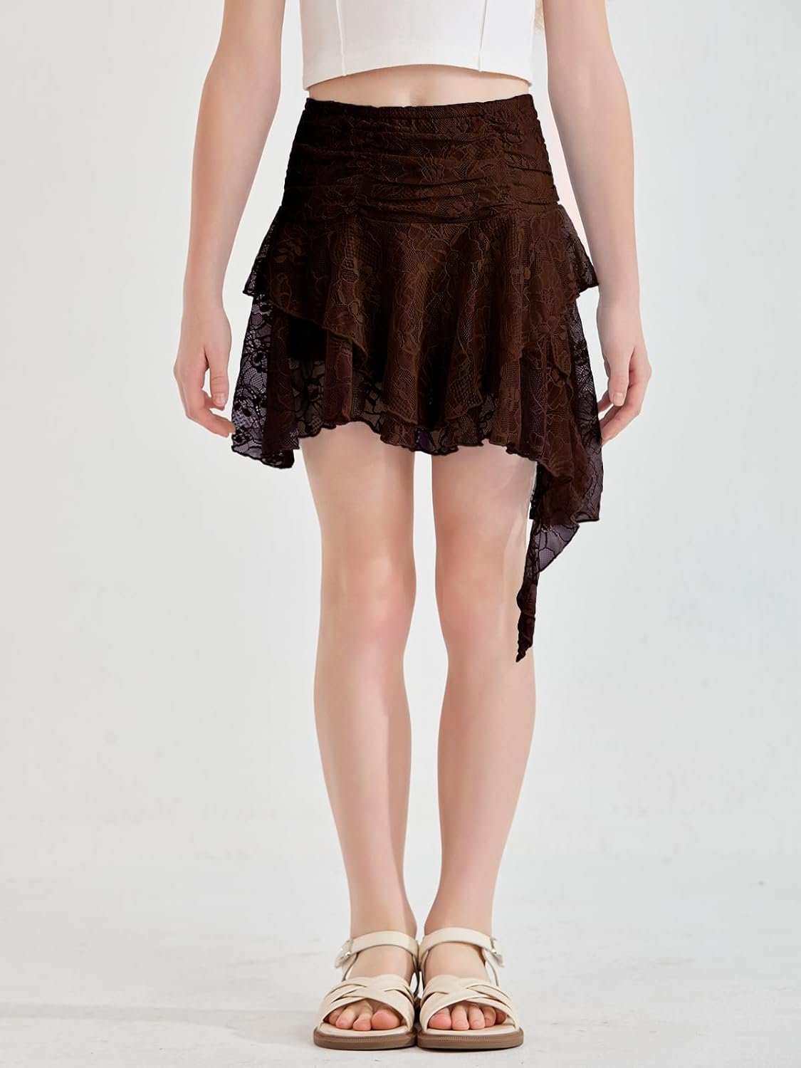 Haloumoning Girls Y2K Lace Mini Skirts Kids Low Rise Pleated Ruffle Short Skirts Layered Flowy Asymmetrical Skirt 5-14 Years