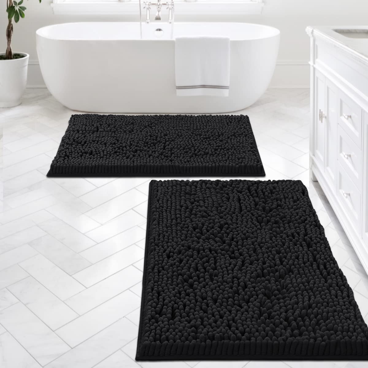 H.VERSAILTEX Bath Mat Sets, Non Slip Luxury Chenille Bathroom Rugs, Extra Soft Absorbent Shaggy Mat, Fast Dry - 2 Piece (Black, 24" x 36"/20" x 32")