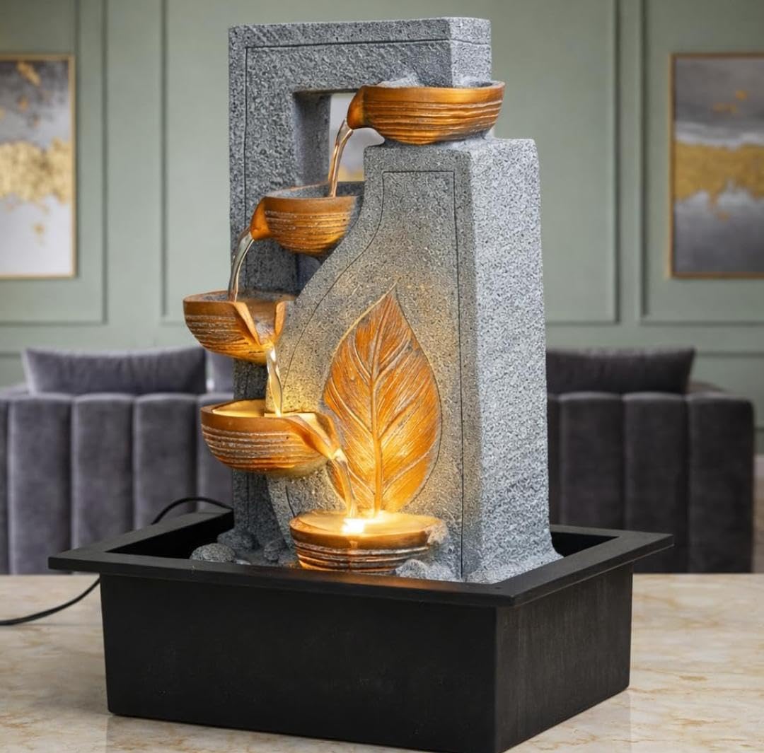 15 inch Grey Gold Leaf-Design Indoor Water Fountain with LED Light & Adjustable Pump - Tabletop Waterfall for Home Decor, Office Desk-image-46