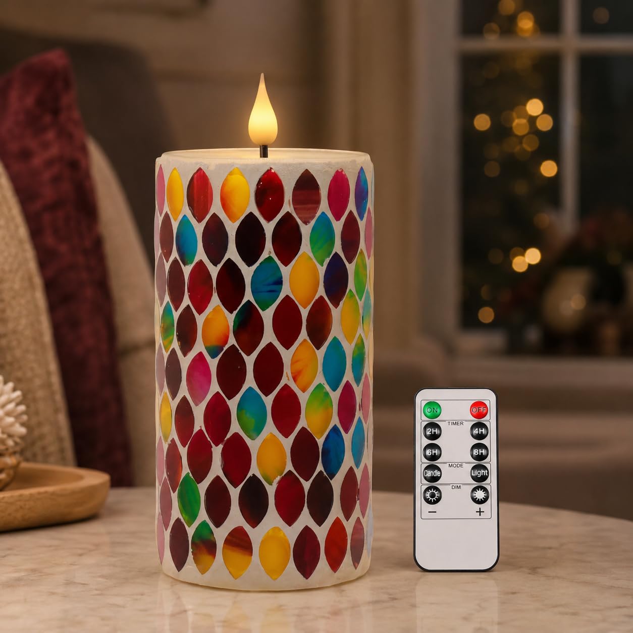 Da by Handmade Mosaic LED Candle with Teardrop Shaped Stained Glass Shards, Realistic Flickering Flame, Natural Wax & Glass, 8.3 x 18 cm, Remote Control, Reusable for Indoor Decoration, Pack of 1