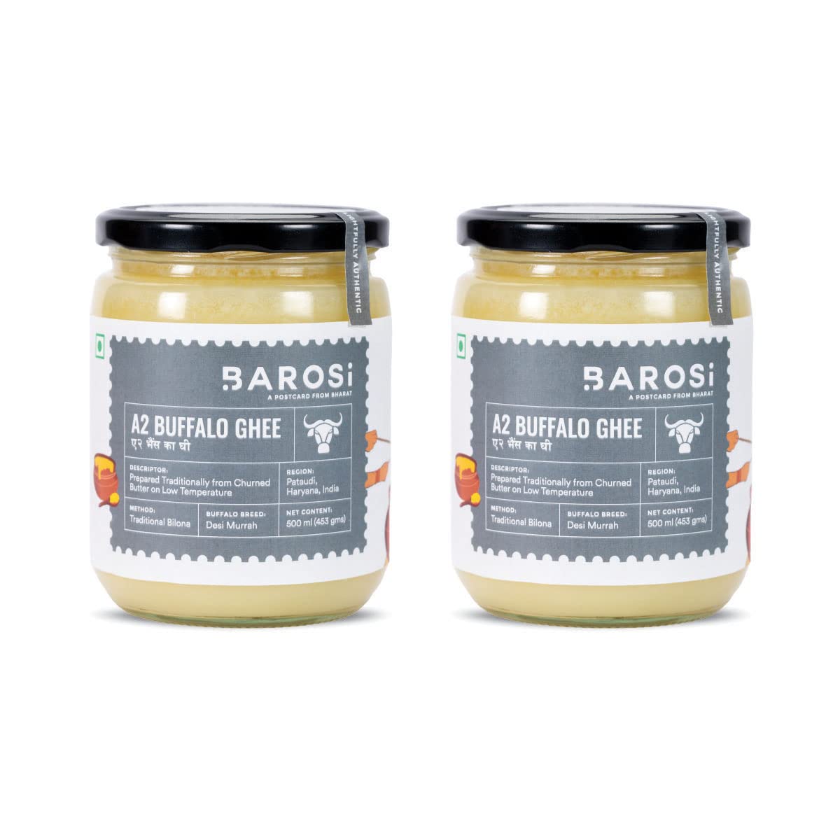 BarosiA2 Buffalo Ghee 1 litre (Pack of 2 * 500ml) | Churned with Bilona Method | Pure & Aromatic Desi Ghee | Farm Made in Small Batches | Glass Jar Packing