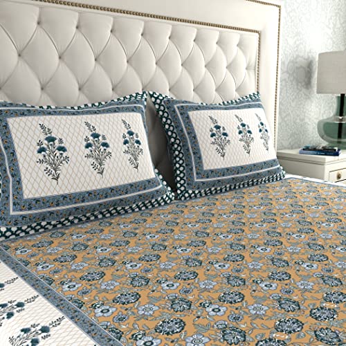 Image of La Verne140 TC 100% Cotton King Size Jaipuri Rjasathani Print Bedsheet with 2 Pillow Covers