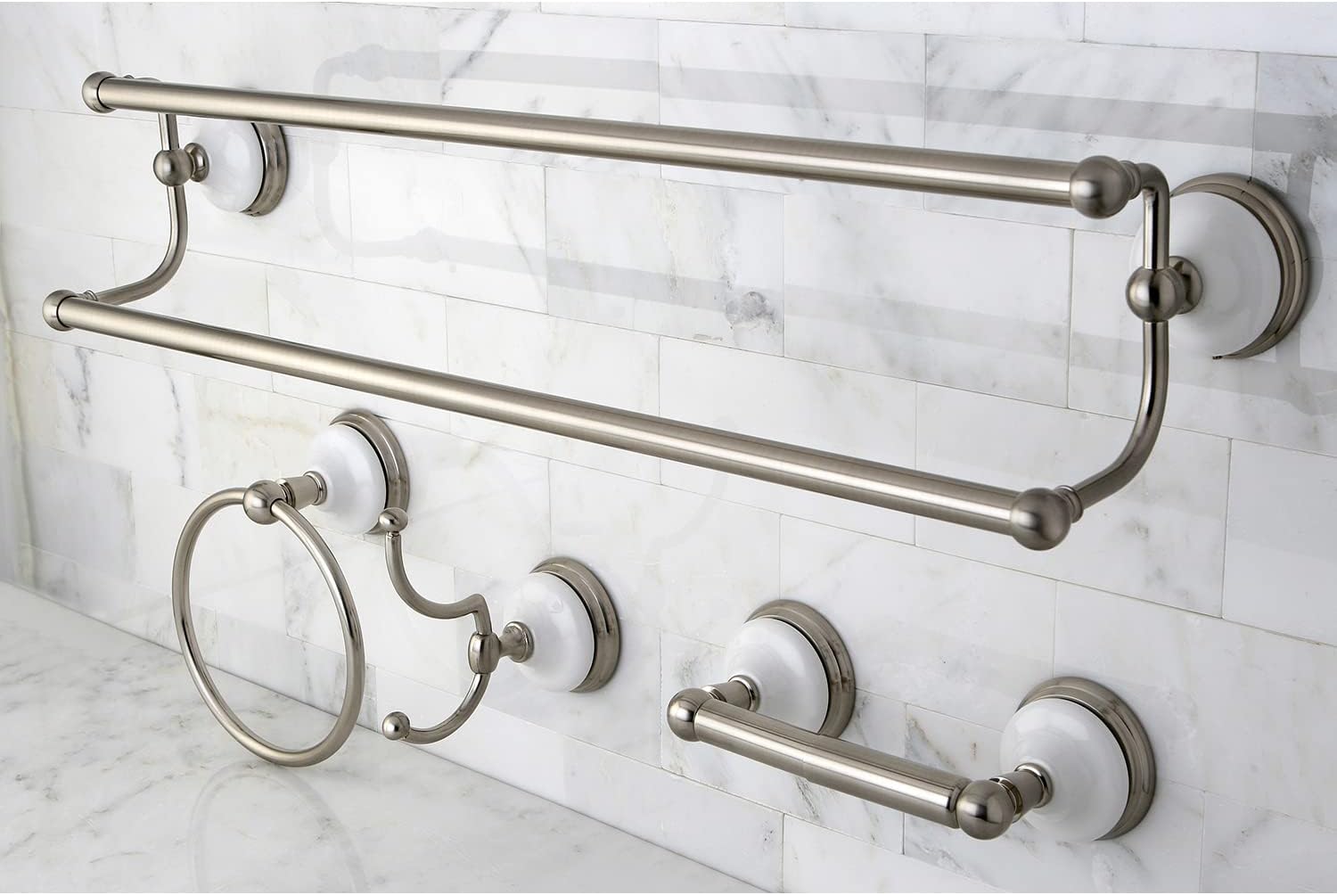 Kingston Brass BAK1113478SN Victorian 4-Pieces Dual Towel-Bar Bathroom Hardware Set, Brushed Nickel