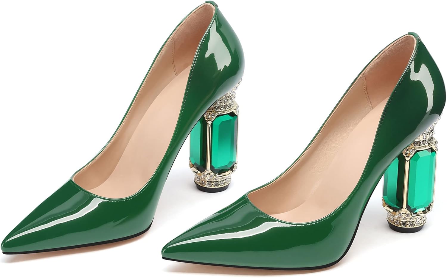 JANSEVEN Women Chunky Heels Pumps Crystal Block Heels with Rhinestones Pointed Toe Sexy Gradient Patent Leather Slip on Bridal Party Wedding Dress Shoes 5-13 M US - Image 4