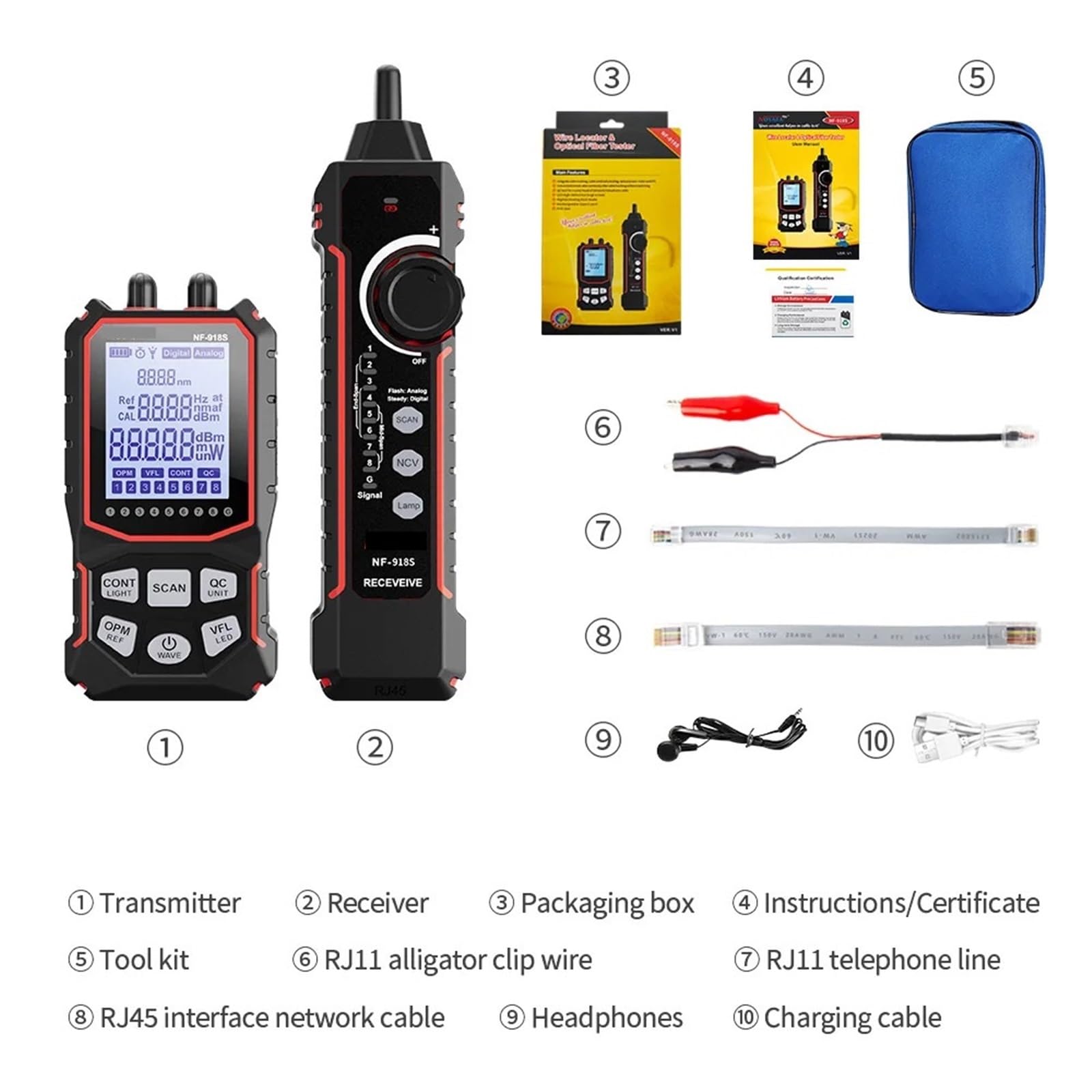 Tester per fibra ottica, Tester for cavi di rete NF-918S con penna a luce rossa, rilevatore misuratore potenza ottica, controllo POE, mappatura, test crimpatura, linea