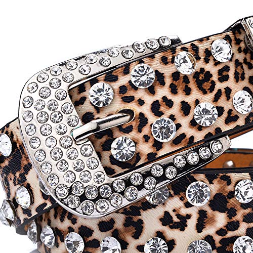 TIPINOICE Leopard Print PU Leather Belts for Women Rhinestones Pin Buckle Women belt Female Strap for Jeans Dress 43"4