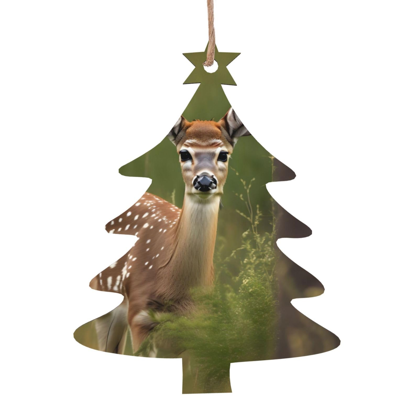 Personalized Ornaments Gift - Unique Round Pine Tree Décor, Christmas Tree Wooden Natural Wood Slices Ornaments Set Whitetail Deer Fawn in Wilderness Stag