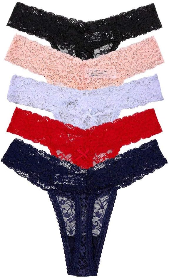 sesil 5-Pack Women's Thin Lace Hollowed-Out T-Back Low Waist Ice Silk Sexy Cheeky Thong See-Through Panties