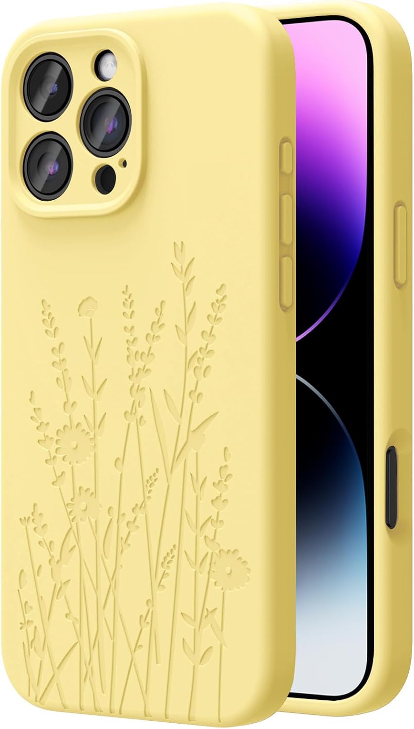 OAOA Magnetic Engraved Case Compatible with iPhone 16 Pro Case, Compatible with Magsafe, Camera All-Round Protection, Slim Liquid Silicone Phone Case for Women Girls, Yellow Flower for iPhone 16 Pro Flower/Yellow