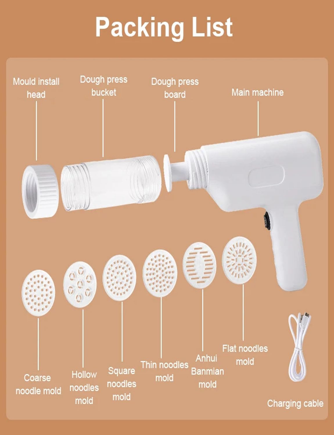 Machine à pâtes électrique, Portable Machine à Pâtes avec Moules, Rechargeable 6 en 1 Sans Fil pour Faire des Fraîches Noodles Spaghettis Maison (blanc)