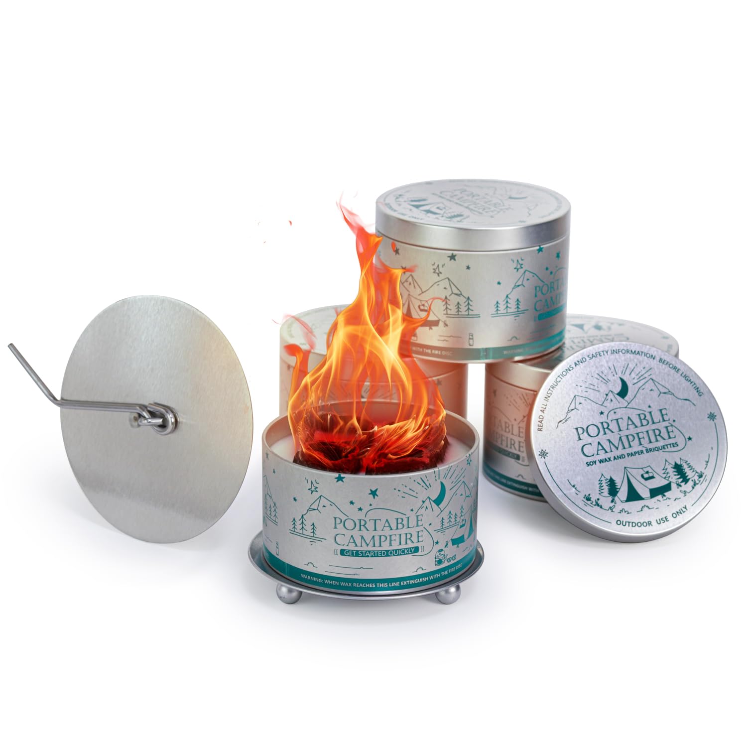 Hoguera portátil, soporte y extintor incluidos, hoguera reutilizable para camping, Smores, picnics. Fabricado con cera de soja reciclada de hasta 3-5 horas de tiempo de combustión, chimenea de mesa,