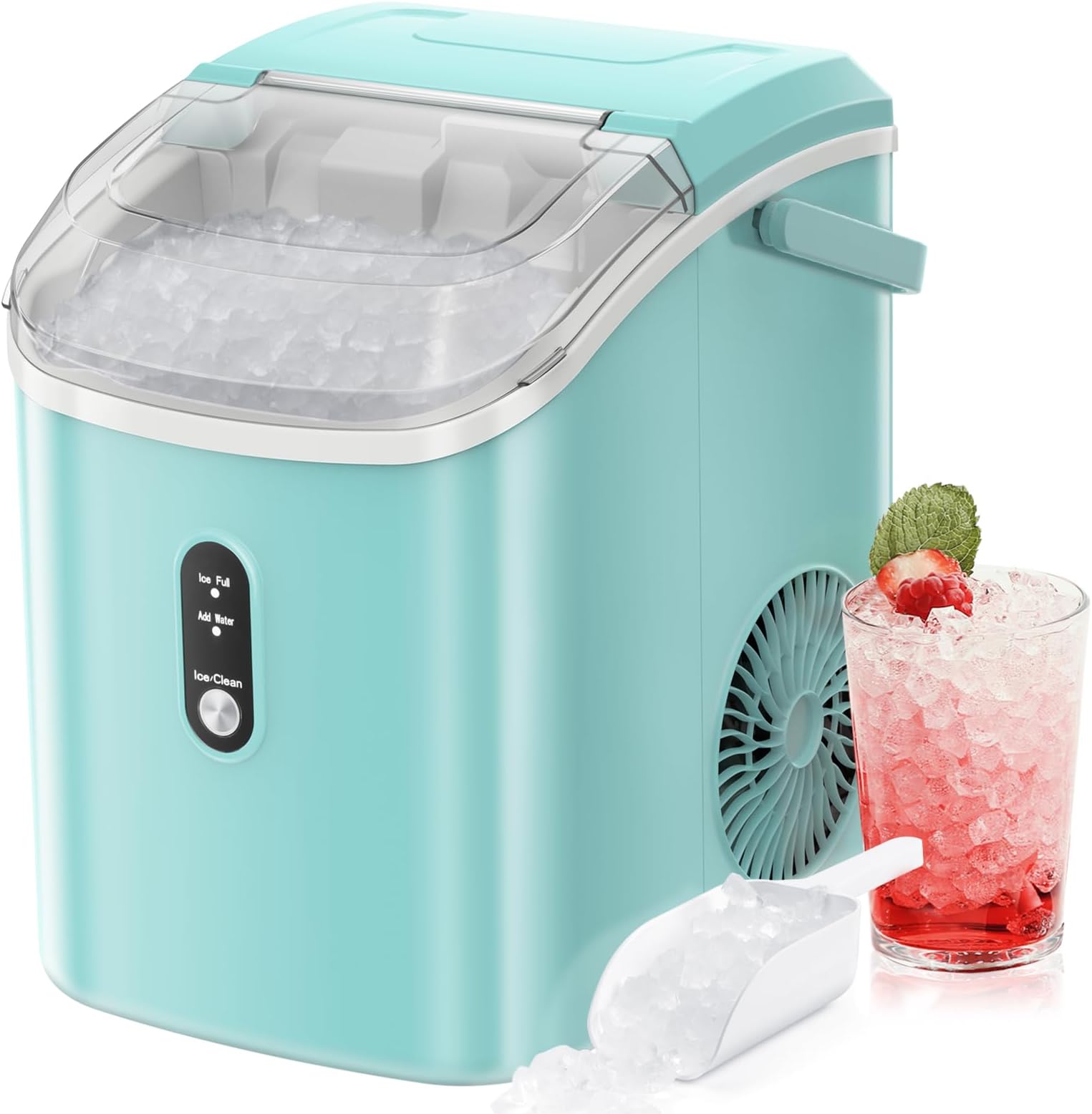 Nugget Countertop Ice Maker with Soft Chewable Pellet Ice, Automatic 34lbs in 24 Hours,Pebble Portable Ice Machine with Ice Scoop, Self-Cleaning, One-Click Operation, for Kitchen,Office Green