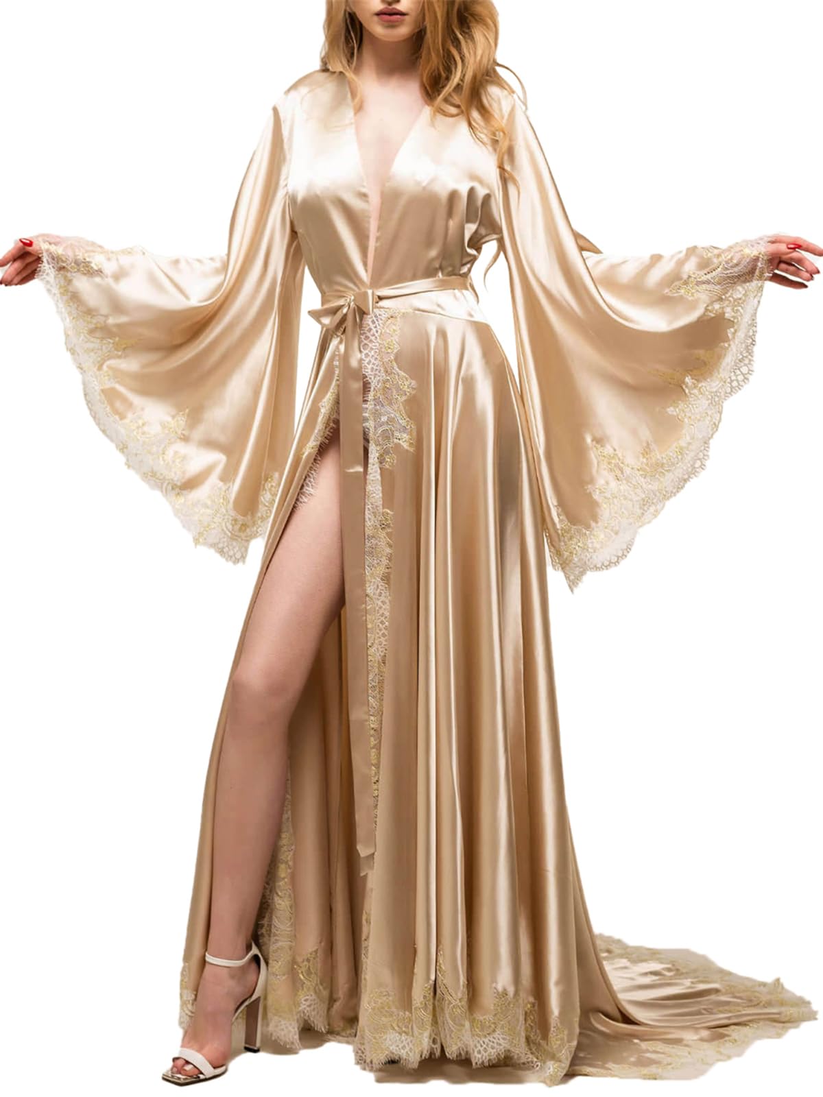 Luxious Robe kimono en satin avec bordure en dentelle pour femme - Pyjama doux et soyeux pour mariage, fête de mariée, manches longues