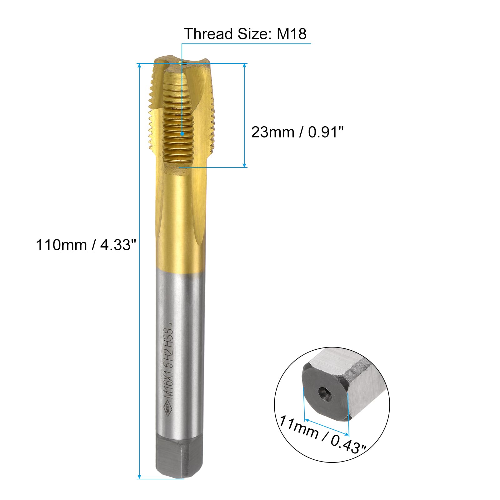 QUARKZMAN Maschine Gewindebohrer Spitze M18 x 1,5 Metrisch Spitzengewindeschneider HSS M2(6542) Universelle und Hochwertige Gewindebohrer Titanbeschichtete Oberfläche - 1 Stück