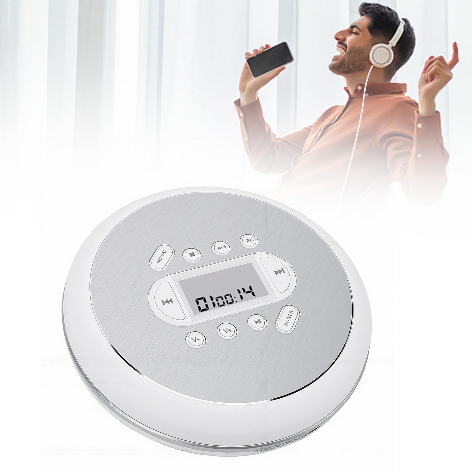 Lettore CD Portatile, Riproduzione Dischi Multiformato, Protezione Anti-salto, Doppia Opzione di Alimentazione, Connessione AUX per Altoparlante di Casa per Viaggi Quotidiani e