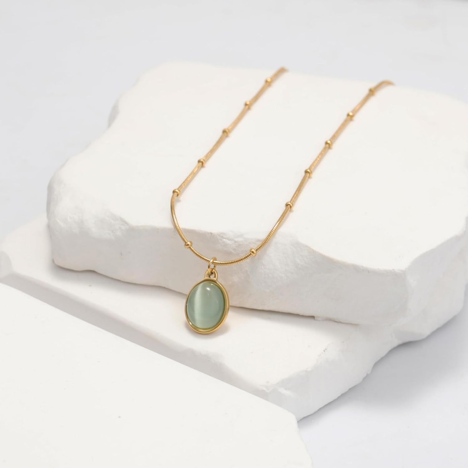 18k Gold Plated Stainless Steel Healing Stone Oval Pendant Necklace Jewelry Gift for Women - Image 3