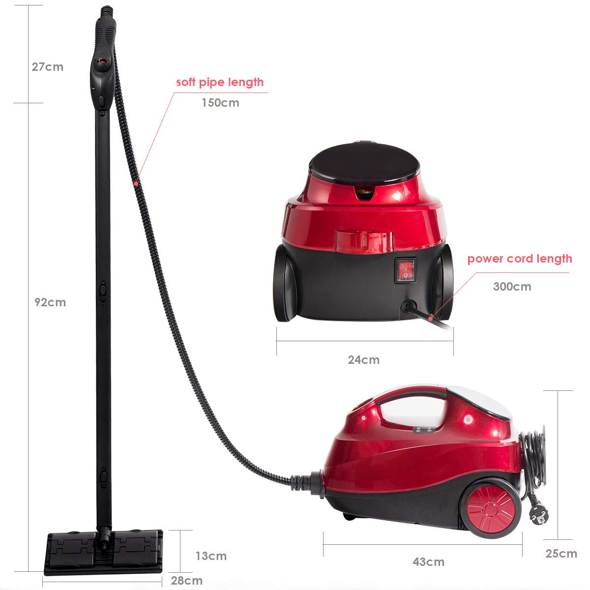 GIANTEX Myjka parowa 2000 W, odkurzacz parowy podłogowy z 19 akcesoriami, zbiornik 1,5 l / 4 bar / do 108 °C / 2 rurki przedłużające / mop parowy do dywanów, podłóg, narożników, czerwona