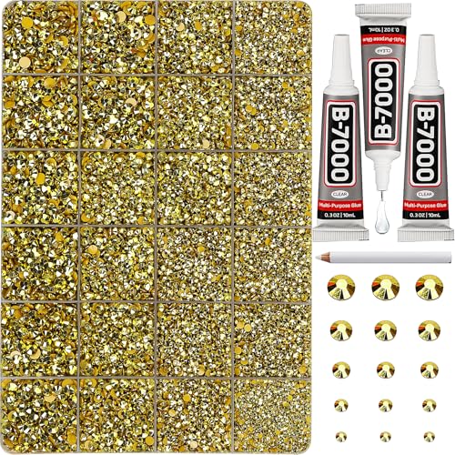 33000Pcs Metallic Gold Rhinestones for Bedazzling Mixed Sized 2 3 4 5 6mm Flatback Gems Bedazzler Kit with B7000 Glue Flat Back Resin Crystal Diamond Gemstone Jewel Rhine Stone for Crafting Clothes