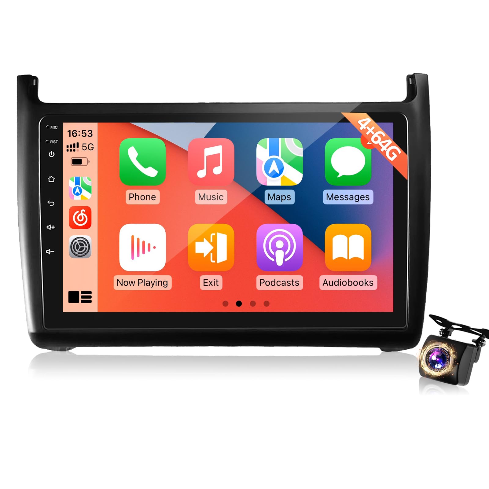 4+64G Autoradio Android per Volkswagen VW Polo 2008–2020, Radio 9 pollici con Touchscreen, Wireless CarPlay Android Auto, GPS WiFi, DSP, Bluetooth, USB + Telecamera posteriore