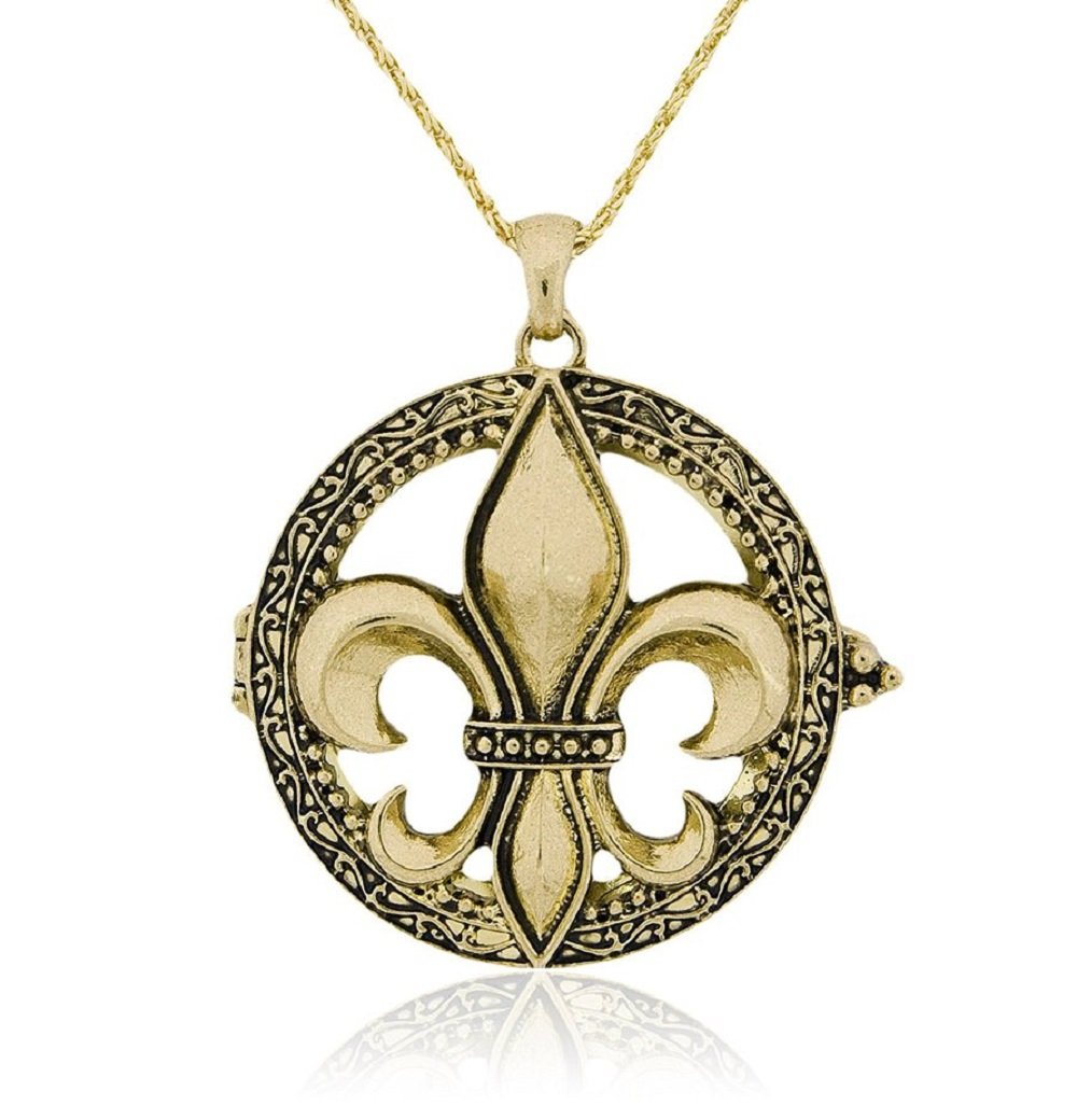 Fleur De Lis Magnifying Glass Sliding Top Pendant Necklace, 30" (Gold Tone)