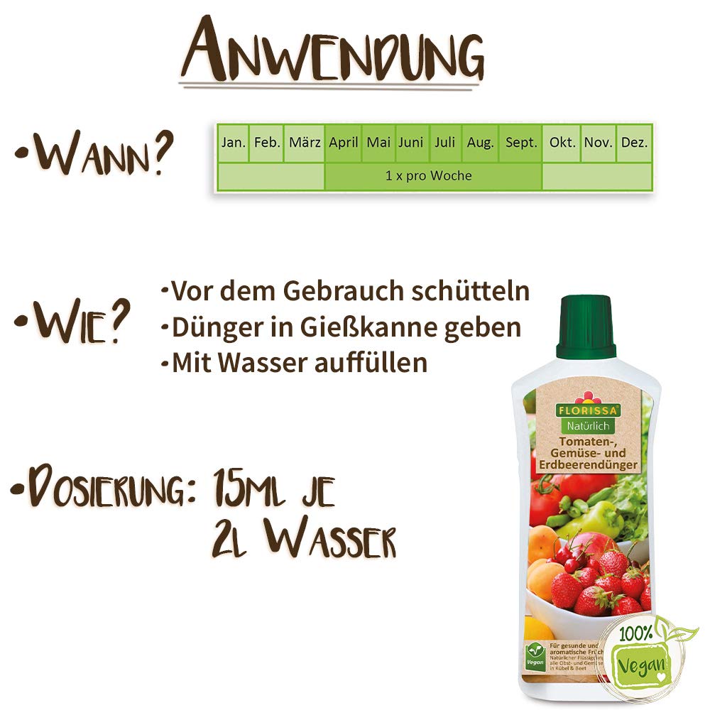 Florissa Natrlich Bio Tomaten-, Gemse- und Erdbeerendnger fr alle  Gemsearten und Erdbeeren | fr aromatische Frchte | vegan, aus rein  pflanzlichen Rohstoffen 1L : Amazon.de: Garten