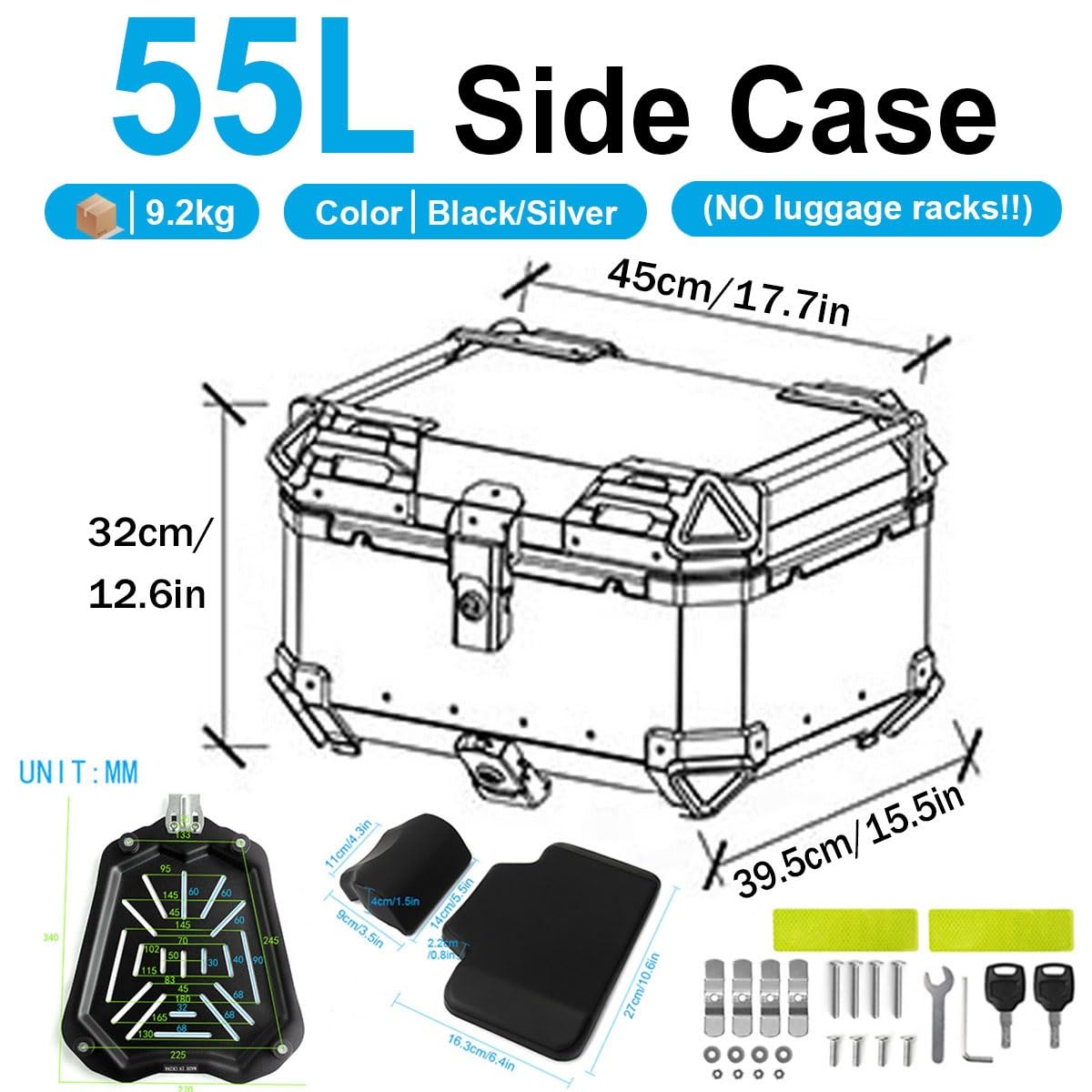 Baúl de Aluminio para Moto 45L 55L 65L 80L 100L, Maleta Top Case Impermeable, Maletero de Motocicleta, Caja para Scooter con Placa de Montaje y Respaldo (Plata, 55 L)