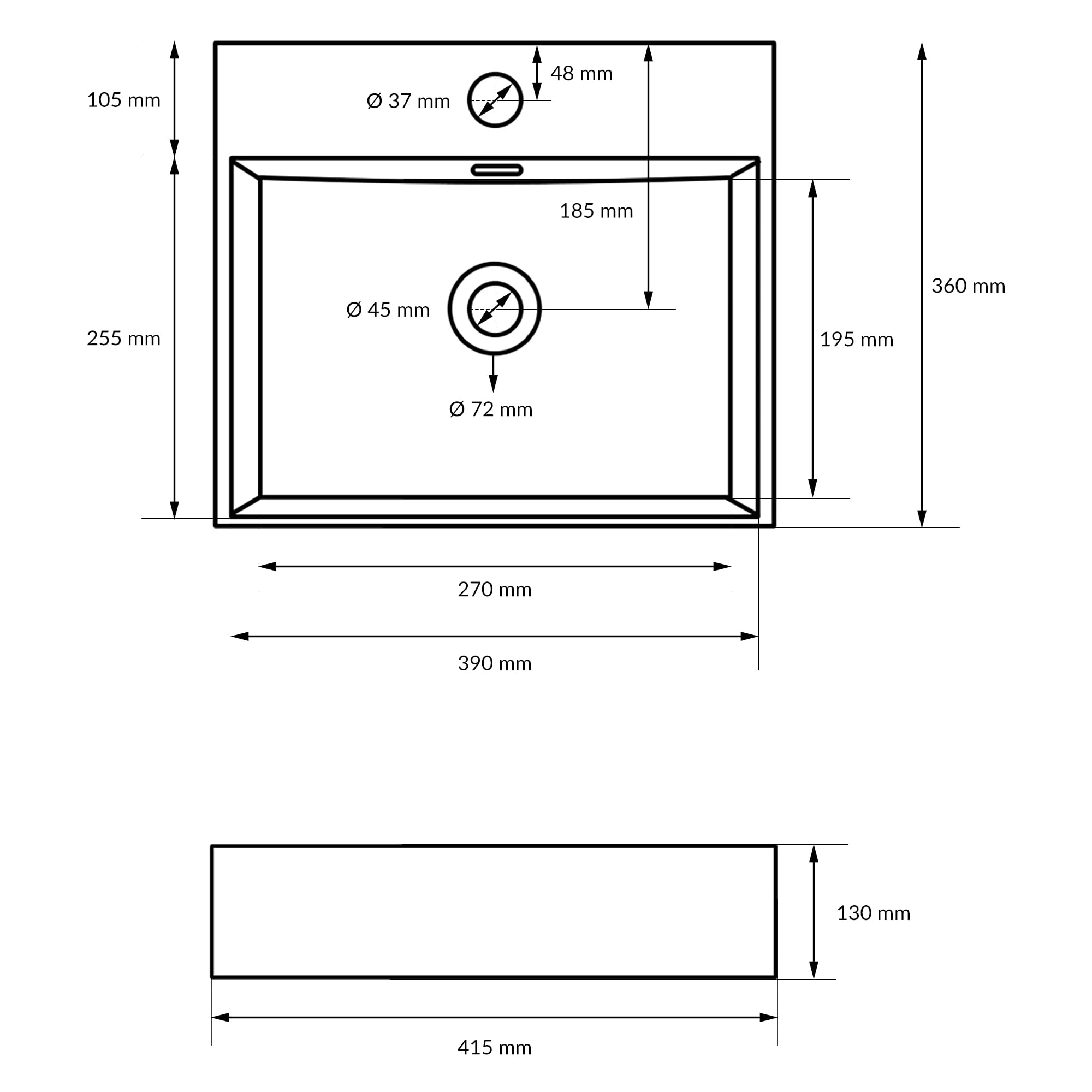 LuxeBath Lavabo en Céramique Noir Mat 415 x 360 x 130 mm, avec Trop-plein et Trou de Robinetterie, Design Moderne et Élégant, Vasque de Salle de Bain/WC à Poser ou Montage Mural, Facile à Installer