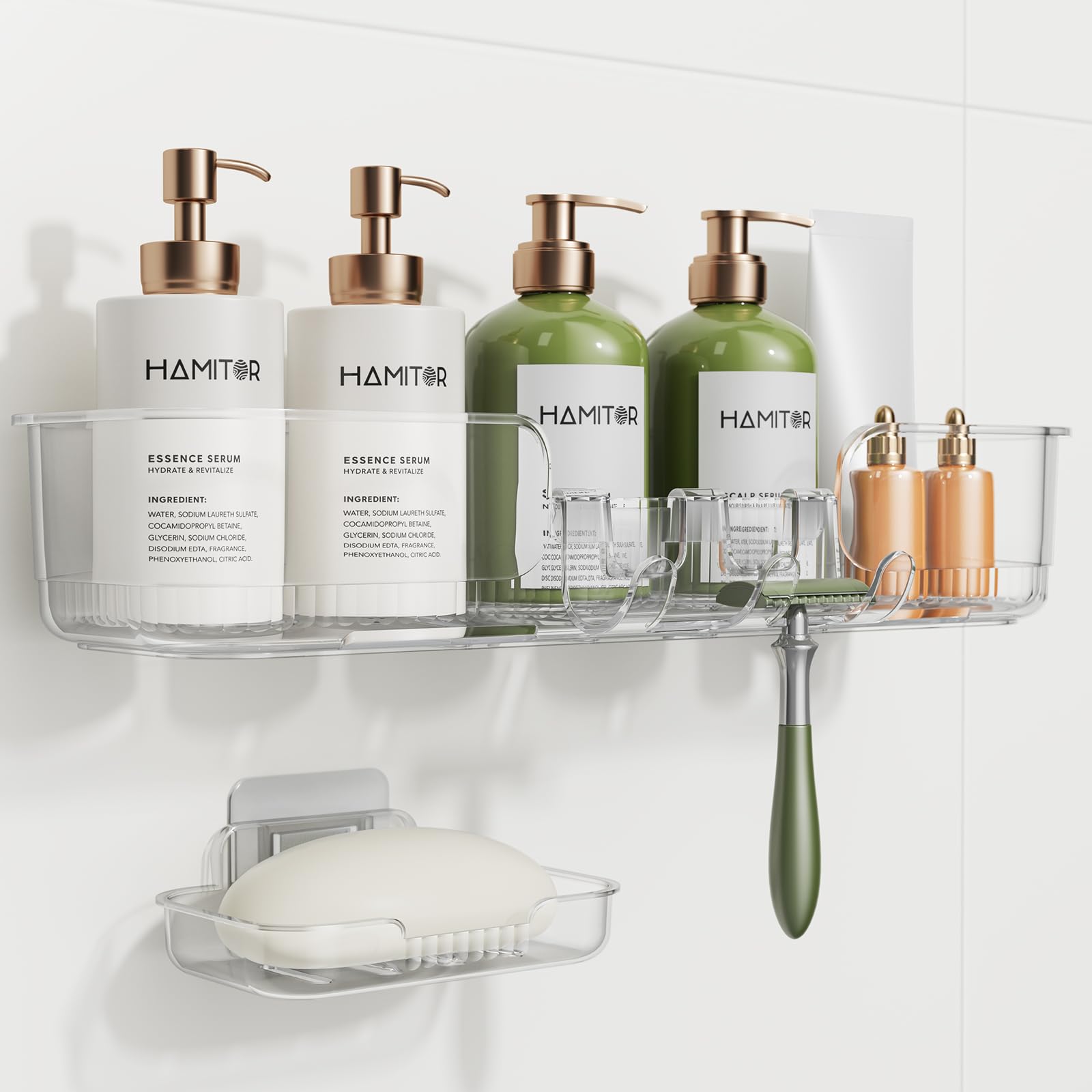 HAMITOR HAMITOR Adhesive Shower Caddy for Bathroom：2 Pack Clear Bath Shelves No Drilling for Modern Renters & Home Decor - Rustproof Acrylic Shower Organizer for Bathroom Storage