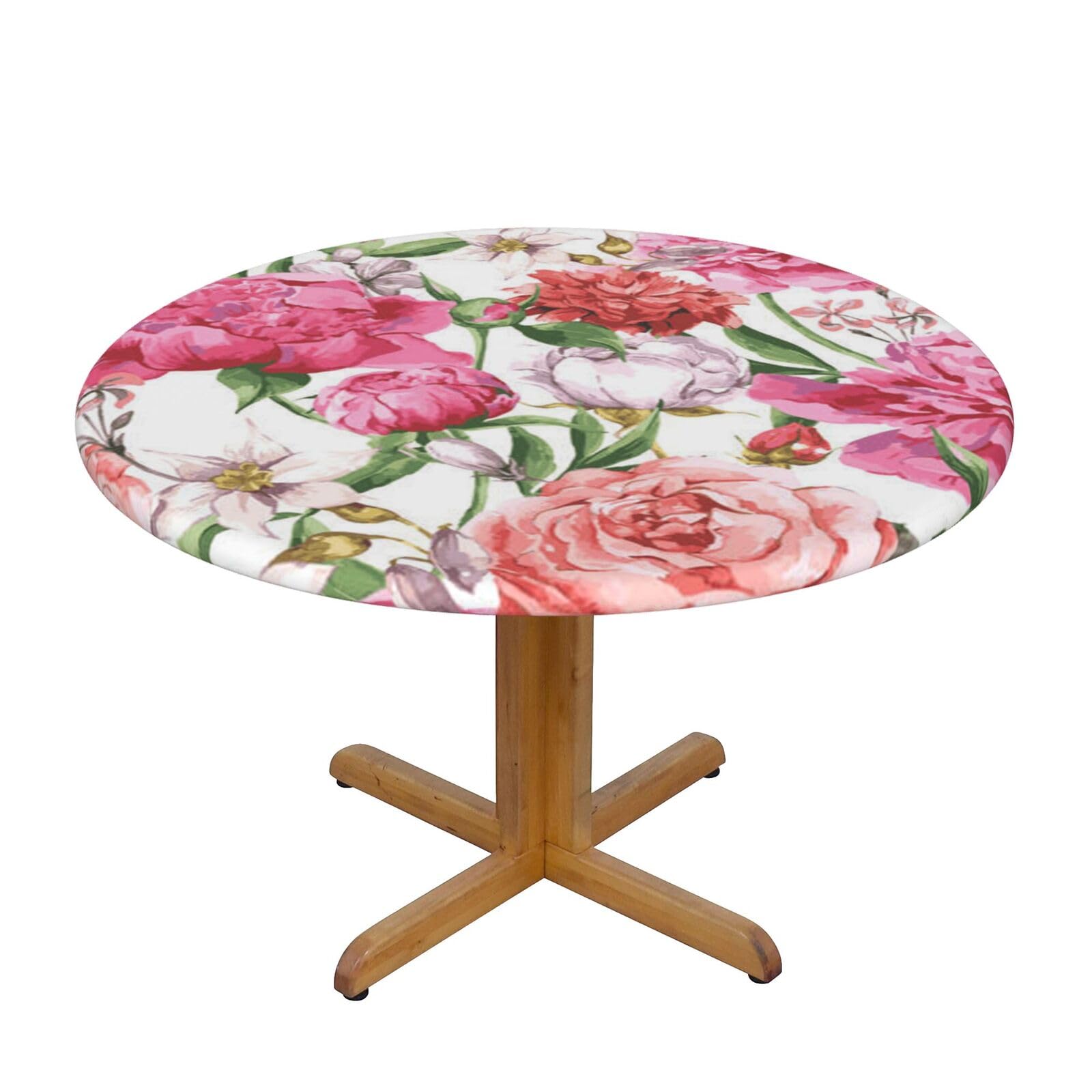 Ffshkowe Garden Peony Elastic Round Tablecloth Oil Proof Table Cover For Dining Party Picnic