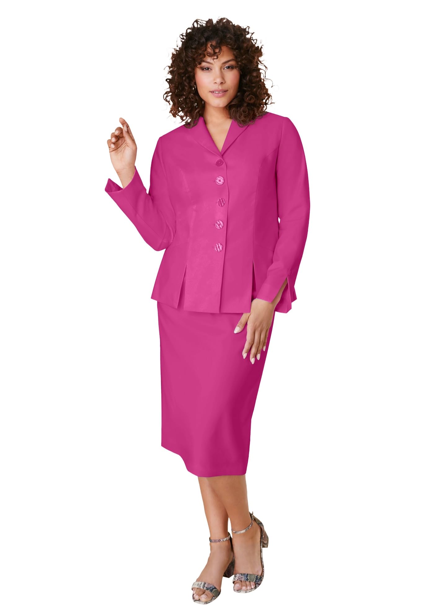 Roamans Womens Plus Size Long Sleeve Shawl-Collar Jacket Sheath Skirt Set 2-Piece Suit - 24 W Paradise Pink