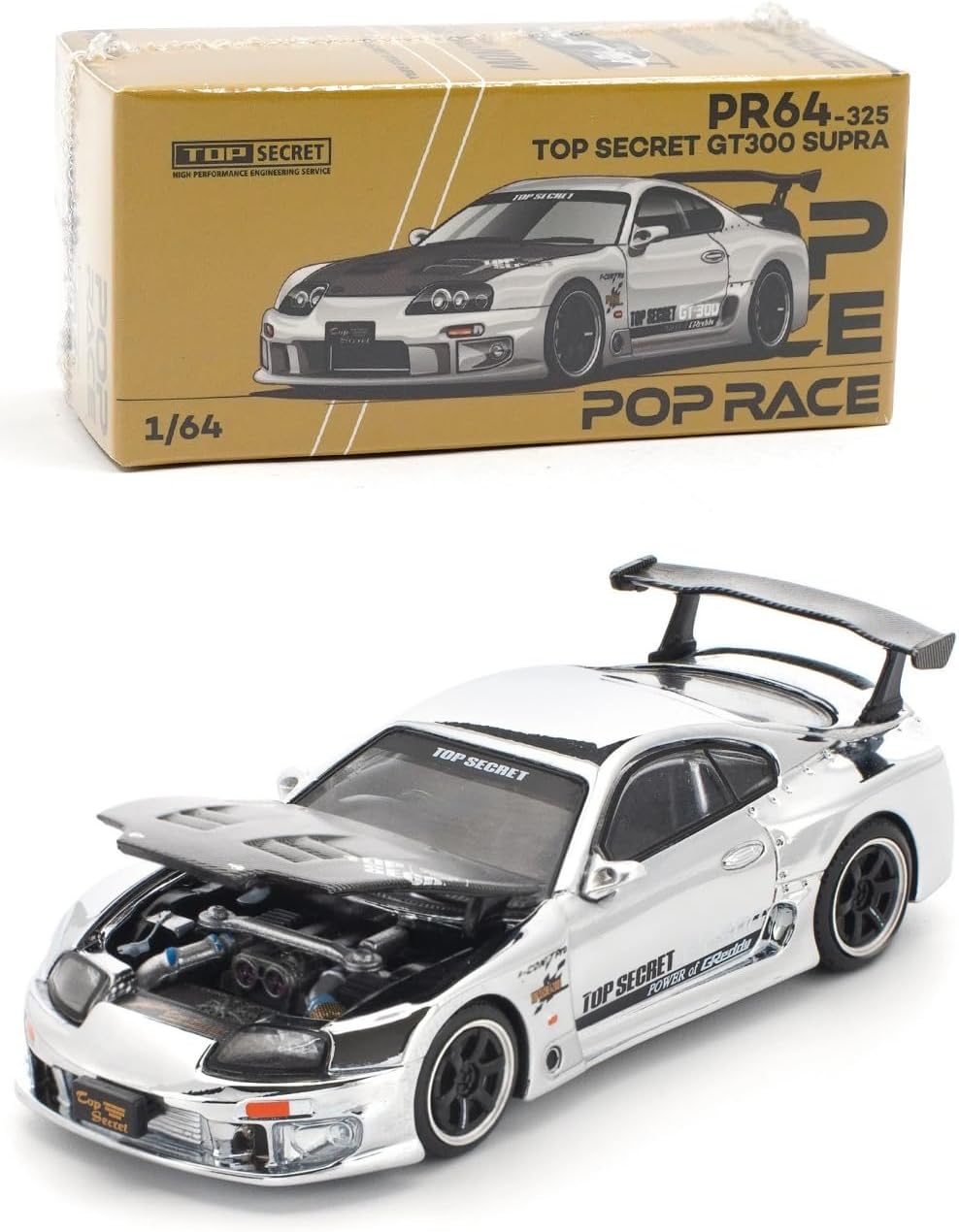 Diecast Model Car Compatible with Top Secret GT300 Supra Silver Chrome 1/64 Pop Race PR64-325