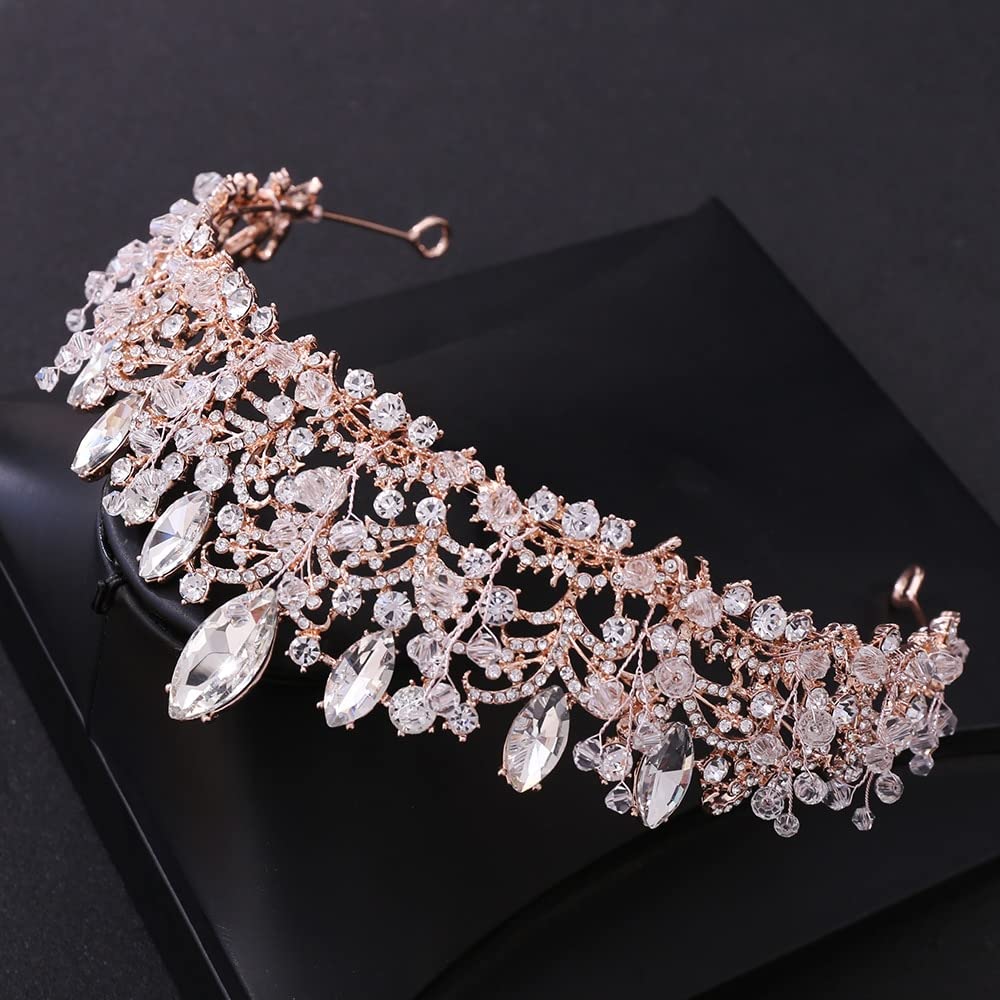 Diamentowa Tiara luksusowe różowe złoto kryształowe koraliki serce tiary ślubne korona duże Rhinestone korowód diadem opaska ślubne akcesoria do włosów